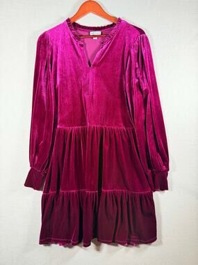 Sam and Jess Womens Velvet Tiered Dress Medium Magenta Ruffle Neck Long Sleeve